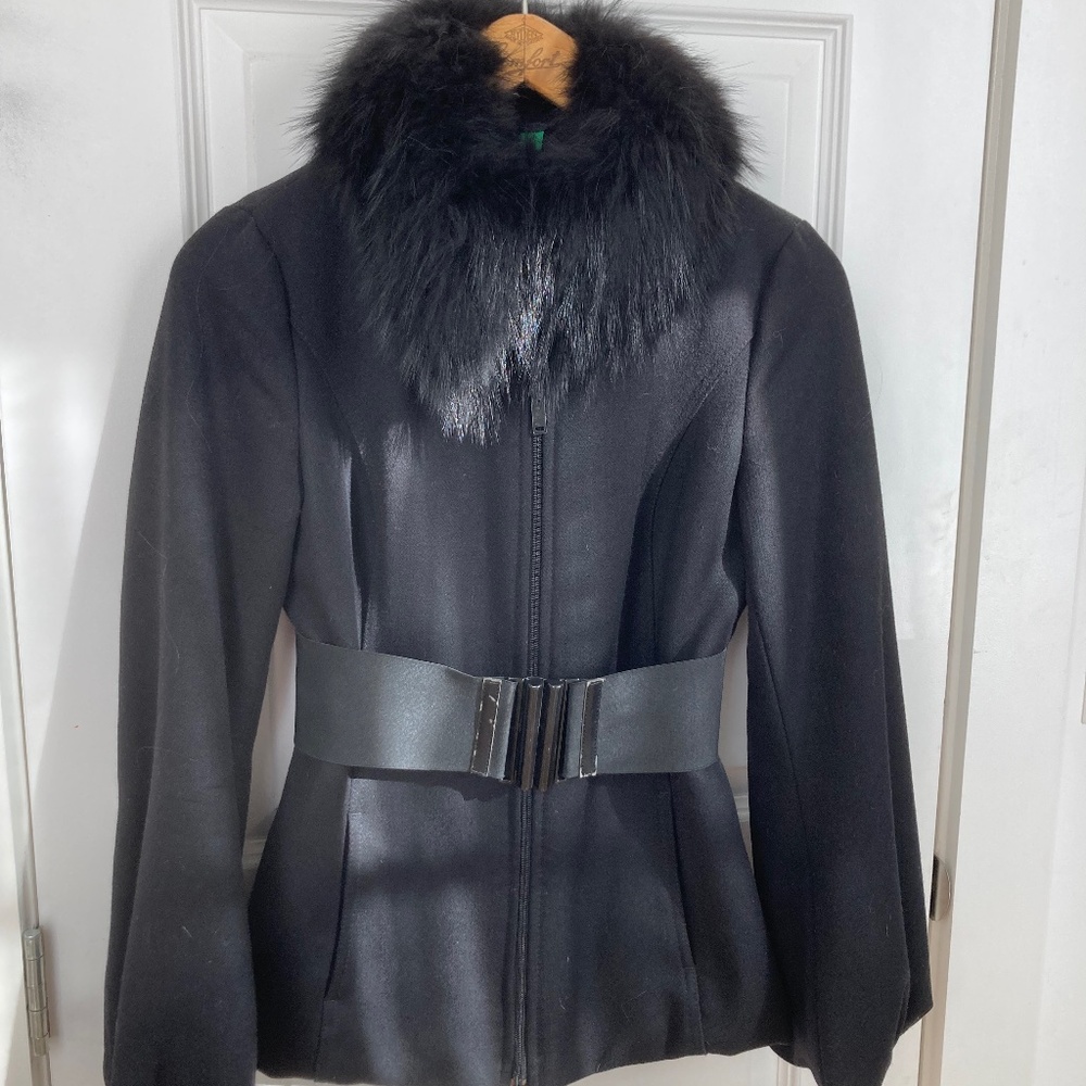 United Colors of Benetton Belted Jacket Fur Collar (Removable) Bell Sleeve EU40